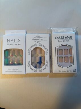 NIP Beautiful Nail 3 Sets of Med Length Squared False Nails,MultiColor,DIY Apply